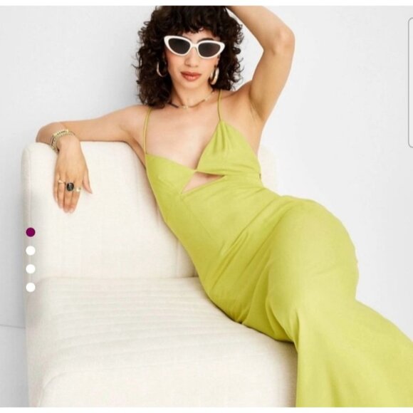 Womens Strappy Lime Green Maxi Dress Size 14 Boho Cut-Out Front & Open Back - Picture 3 of 12